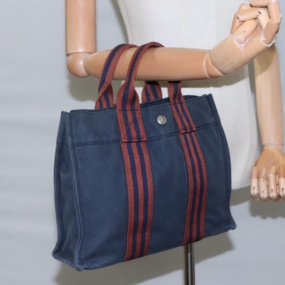 HERMES Fourre Tout PM Hand Bag Canvas Navy Brown Auth ti2734 - Picture 2 of 13